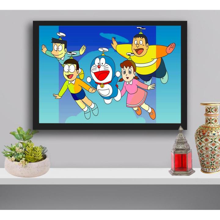 Doraemon cartoon Hanging Glass Photo Frame in Premium Glossy Photo Paper A4 8x12” size for Home Decor and Decoration Accessories