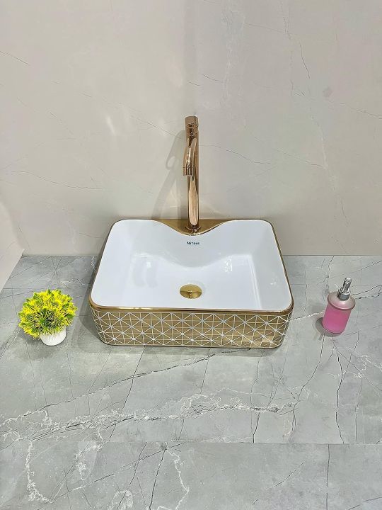 Alkhaleej Rose Gold Ceramic Square Shape Wash Basin | Tabletop Ceramic Bathroom Sink | Wash Basin For Bathroom ( 19"X15"X5"