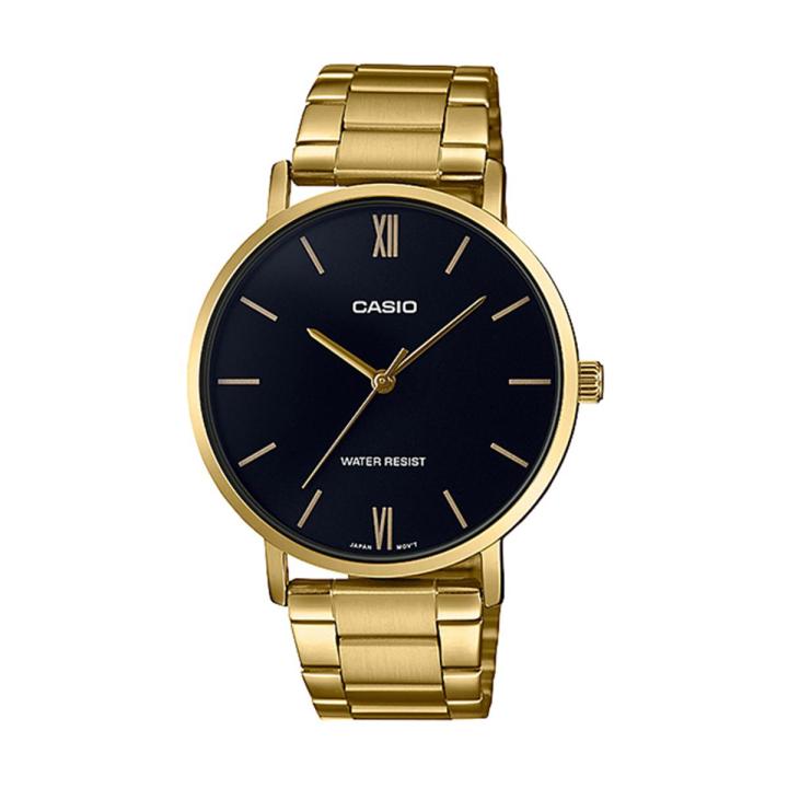 Casio General Mens Gold Ion Plated Case Analog Quartz Black Dial Gold Ion Plated Band Watch-MTP-VT01G-1BUDF