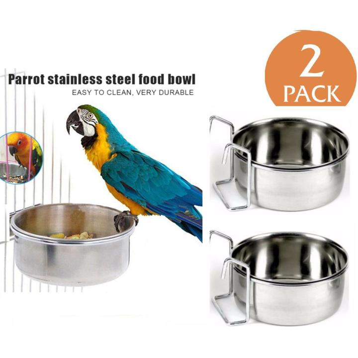 2 Pack Bird Feeder Birds Bowls Stainless Steel Dishes Coop Cups with Wire Hook, Parrot Feeding Dish Cups Food Water Bowls