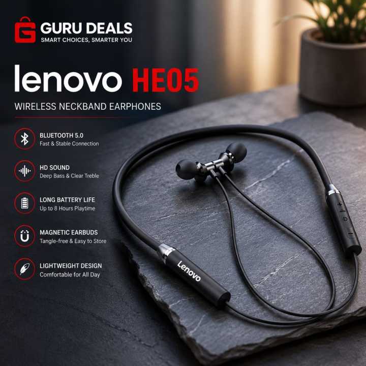 Lenovo HE05 Wireless Neckband Bluetooth 5.0 Headphone Wireless Headset With Heavy Bass Stereo Earphones High Quality Magnetic Attraction Intelligent Noise Reduction Cancelling Sports Headset