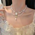Multi-Layer White Pearl Heart Necklace Vintage Pearl Choker Necklace for Women Elegant Bowknot Pendant Wedding Necklace Jewelry. 
