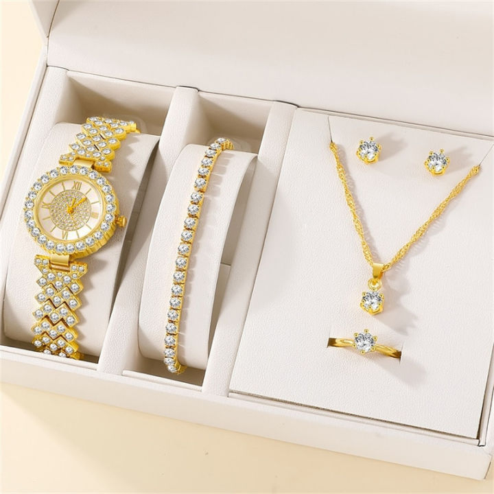 Fopul Mall 6PCS Set Luxury Business Women Quartz Watch Ring Necklace Earrings Rhinestone Fashion Female Casual Ladies Watches Bracelet Set Clock （No Box）