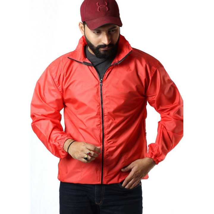 Unique Venue - Stylish Red Parachute Dust And Water Proof Side Pockets Zipper Biker Jacket
