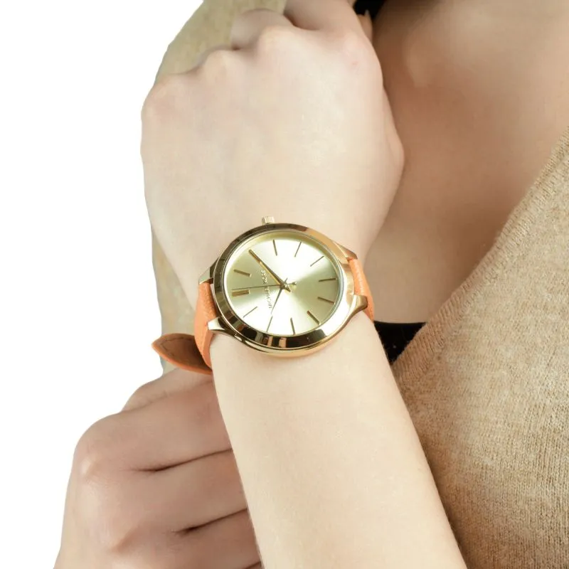 Michael Kors Slim Runway Gold-tone Dial Orange Leather Strap