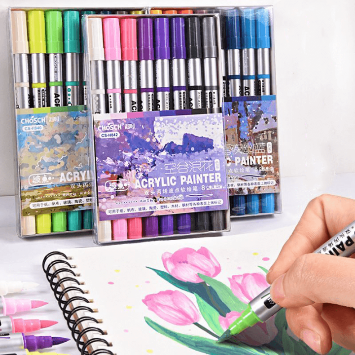 8 PCS - CHOSCH Double Head Acrylic Paint Markers Set Propylene Soft Hard Tip Painting marker Pen Watercolor Painting Marker Painting pen For Canvas, Cramics, Stones, Shoes