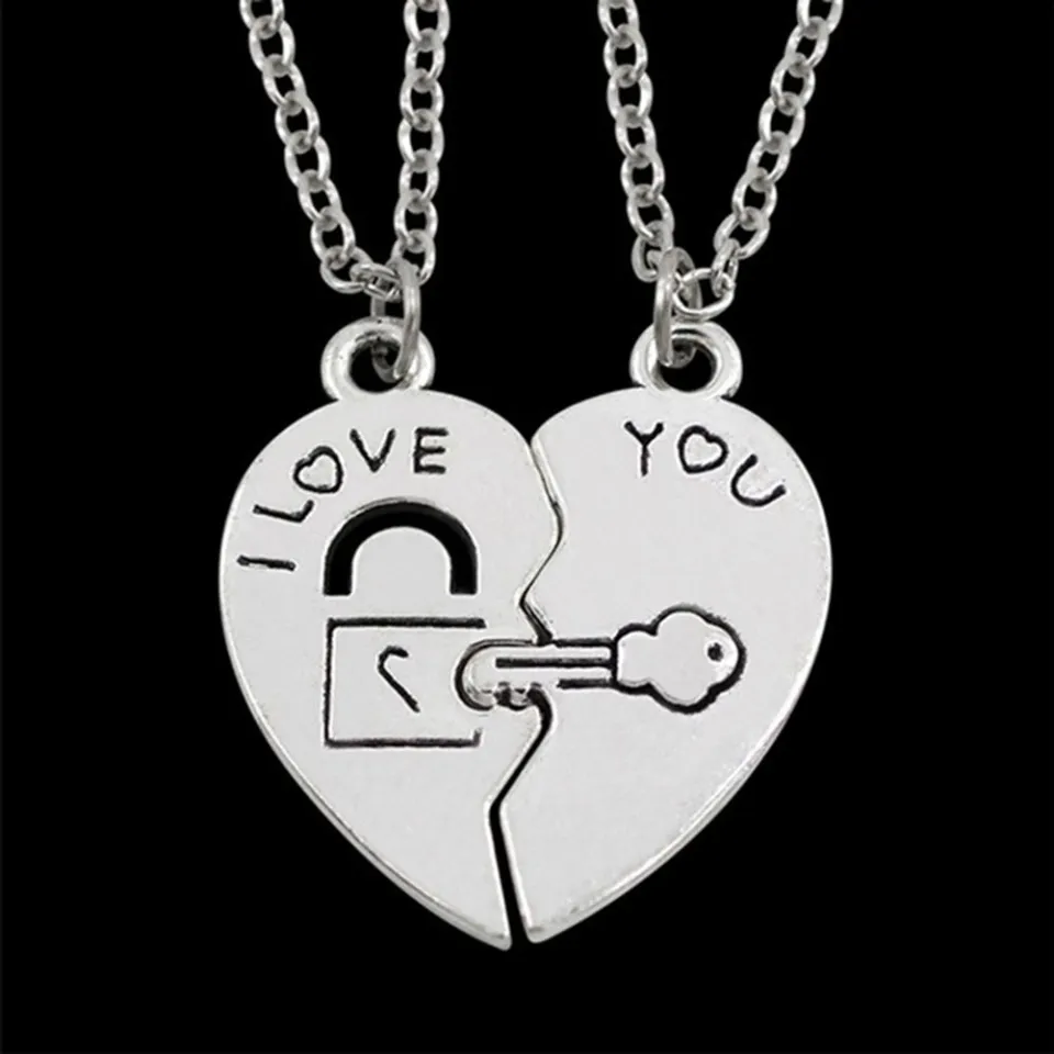 I Love You Heart Lock Key Couple Pendant Necklace Lovers Jewelry