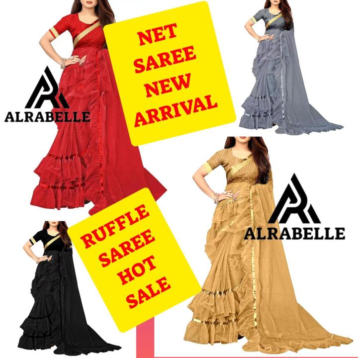 AL RABELLE Branded Ruffle Net Saree Unstitched