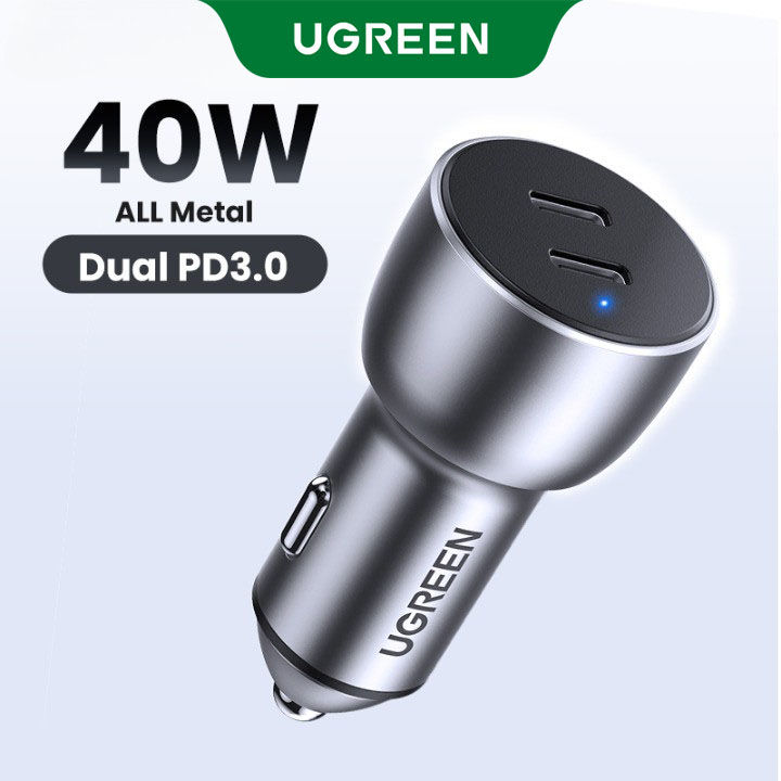 UGREEN USB C Car Charger 40W 36W PPS Aluminum Alloy iPhone Fast Car Charger Adapter PD&QC 3.0 Dual Port Blue LED Compatible with iPhone 16 15 Pro X SE, Galaxy S25 S24 Note20 iPad Pro