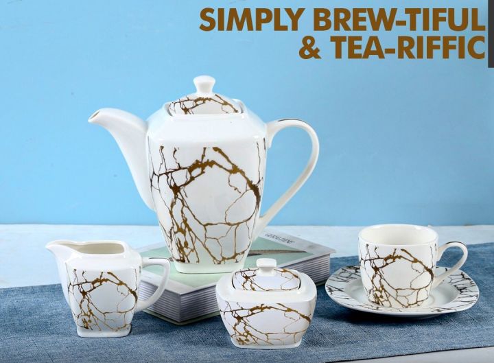 RoyalDine's Exclusive 15 Pieces Coffee/Tea Set (MATERIAL CERAMIC) Exquisite Tea Set For Tea Lovers. Elegant Tea Serving Set Marble Design.Vintage Black & White Teaset.