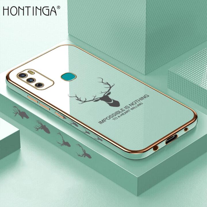 Hontinga for Infinix Hot 9 Play Back Cover Luxury 6D Plating Cartoon Lucky Deer Side Pattern Case Soft Silicone Square Phone Cases