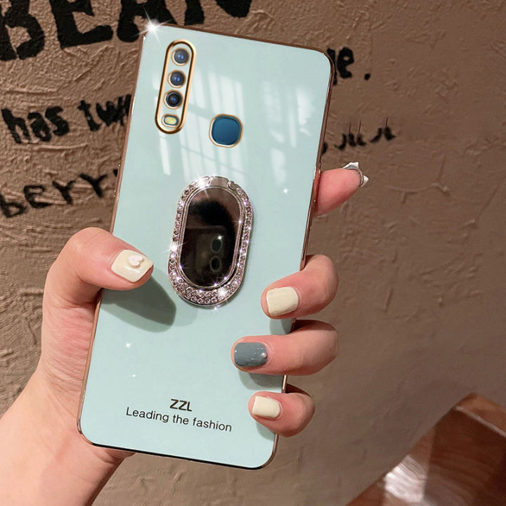 For Vivo Y12 Back Cover + Rhinestone Ring Holder Stand Shiny Plating Square Bumper Girls Phone Case Soft TPU Silicone Shockproof Protective Cover