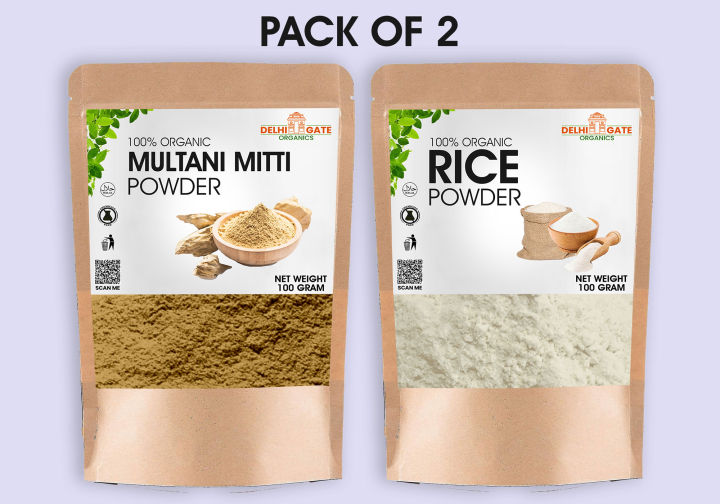 Pack of 2 - Rice Powder Organic / Flour / Floor White| Chawal ka ata / atta / aata + Multani Mitti Powder / Fuller Earth Mud (Multani Matti) - 100 Gram