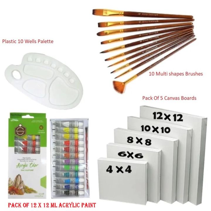28 Pcs/Set Value Pack For Artist - Canvases, 12ml Acrylic Paints, Multi Shape Brushes and 10 Wells Palette