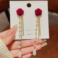 Wine Red Flocking Bow Pearl Tassel Earrings For Women Elegant Trending Luxury MJ. 