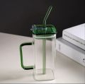 Techmanistan Random Color 400ml Square Glass Mug With Handle, Straw & Lid, Drinking Glass, Adorable Glass Cups with Lids and Straw, Glass Tumbler Coffee Cup Coffee Mug. 