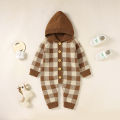 Newborn Hooded Knit Jumpsuit, Toddler Casual Plaid Pattern Long Sleeve Button Romper. 