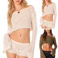 bellylady Women Knit Crop Tops Long Sleeve Hollow Out Pullover Tops Off Shoulder Y2K Beachwear Poncho Sweater. 