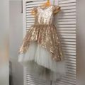Golden And White, Flower Kids Girls Frock Dress, Bridesmaid, Party, Wedding, Birthday,  ( Fabric Sequin, And Net,)  ( Size 03 Month To 16 Yrs). 