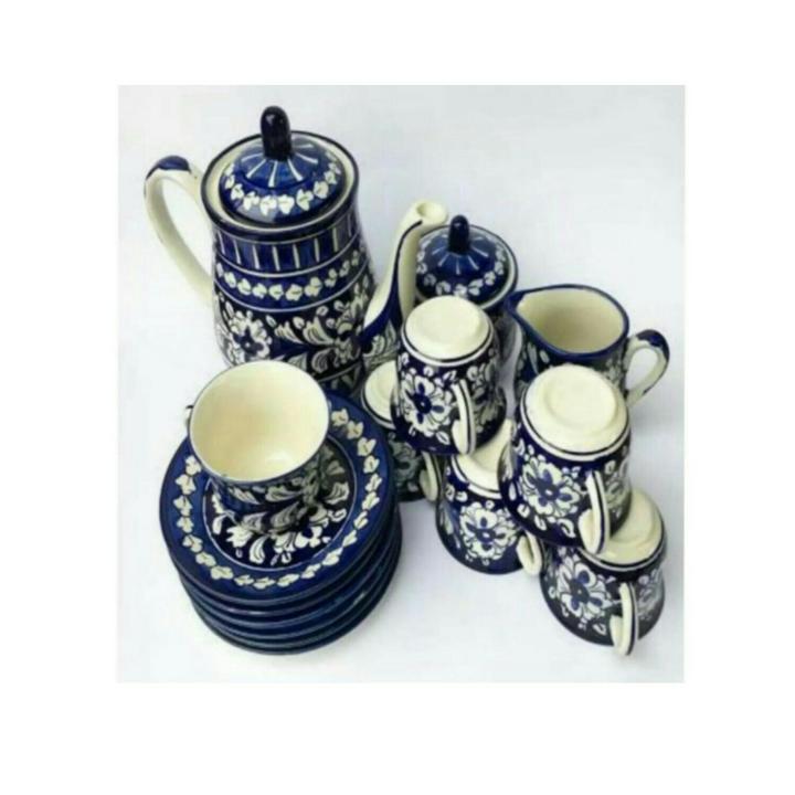 Blue Pottery Tea Set, Hand Made ,Hand Painted 15 pieces (6 person serving)