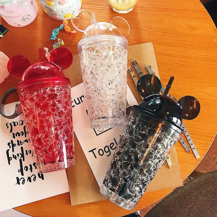 Cool Summer Mickey Ice Crack Straws Smoothie Maker Cup Small Frozen Plastic Milkshake Smoothie Cups Iced Drinks Mug - 450ml