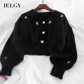 IELGY Short Embroidered V-Neck Knit Cardigan Women's Loose Outer Wear. 