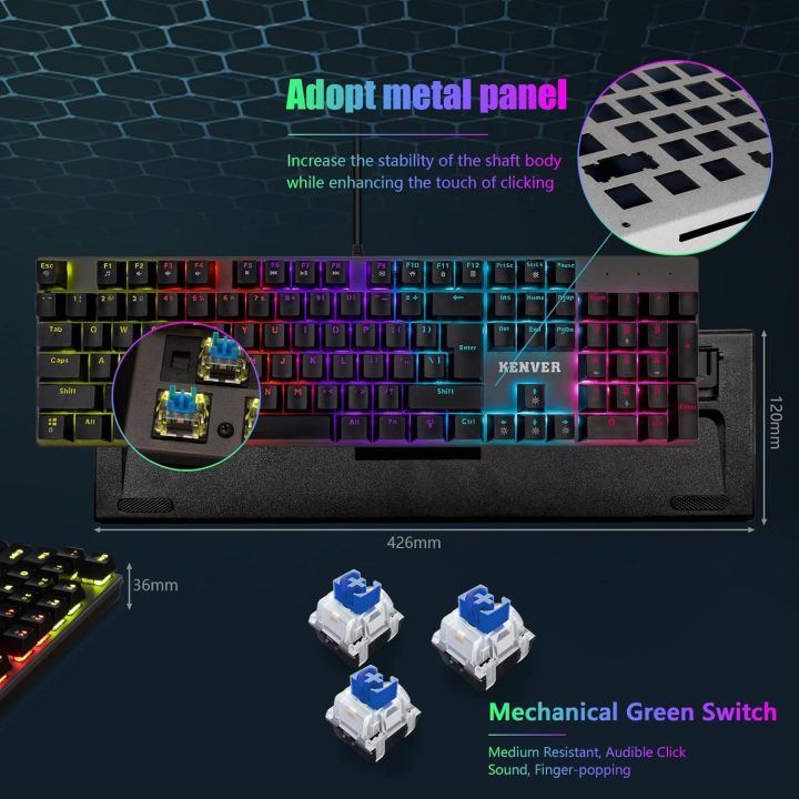 KENVER%20MK100%20Wired%20Mechanical%20Gaming%20Keyboard,%20Backlit%20LED%20Keys,%20%20Blue%20Switches%20Anti-Ghosting%20Keys%20Layout%20Backlight%2013%20Modes%20Water%20Resistant,%20Dust%20Resistant,%20104%20Comfortable%20Floating%20KeysAdjustable%20RGB%20&%20Breathing%20RGB%20Adjustabl%20for%20PC%20Gaming/Working%20Black%20-%20Image%204