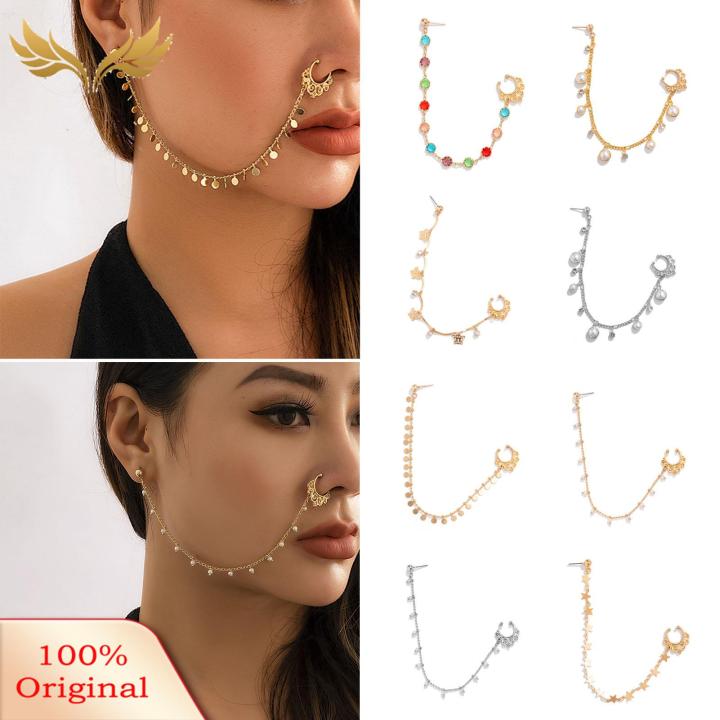 Nose Chain Jewelry Boho Ethnic Style Nose Chain with Faux Pearl Tassel Trendy Southeast Asian Nose Jewelry Stud Earring Nose Ring