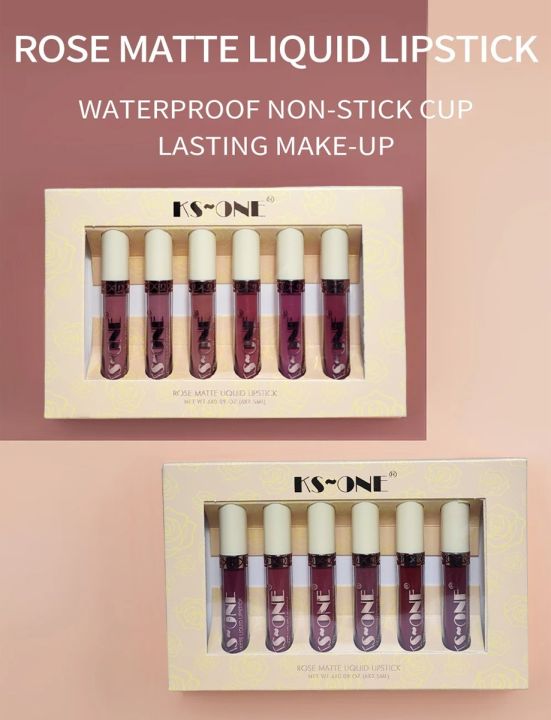 KS ONE 6 Pcs Lip Gloss Matte Lip Color Set Lip Makeup Long Lasting Moisturizing Rose Matte Liquid Lip Gloss Lipstick 2263