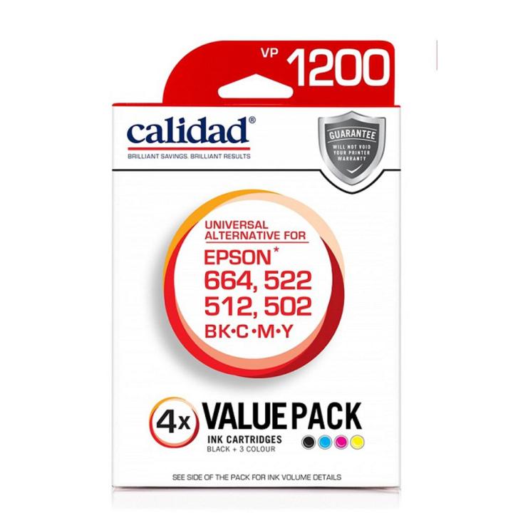 Calidad 1200-VP Alternative For Epson 502, 512, 522, 664 Black, Cyan, Magenta & Yellow 70ml Ink Bottles 4pk