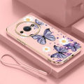 Redmi A3 Little Daisy Luxury Butterfly Flower Casing Square Edges Plating Back TPU Soft Case with Lanyard Cover. 