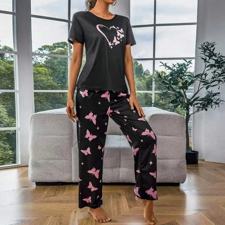 REXBAZAR - Grey Hearts Printed half sleeves T-Shirt with butterfly pajama Night Suit for Her