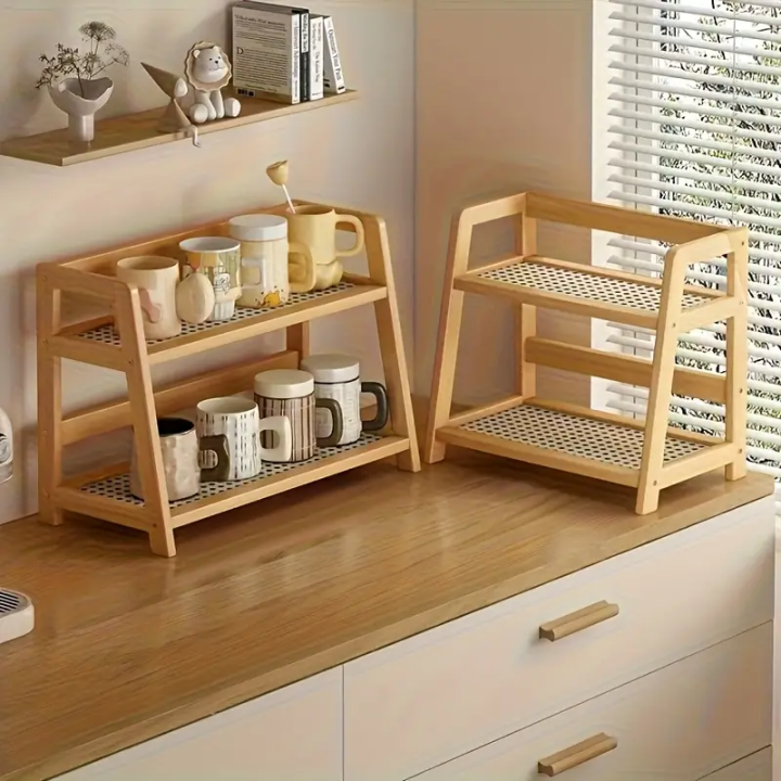 Kitchen spice rack Bamboo 2 tier Multipurpose organiser shelf