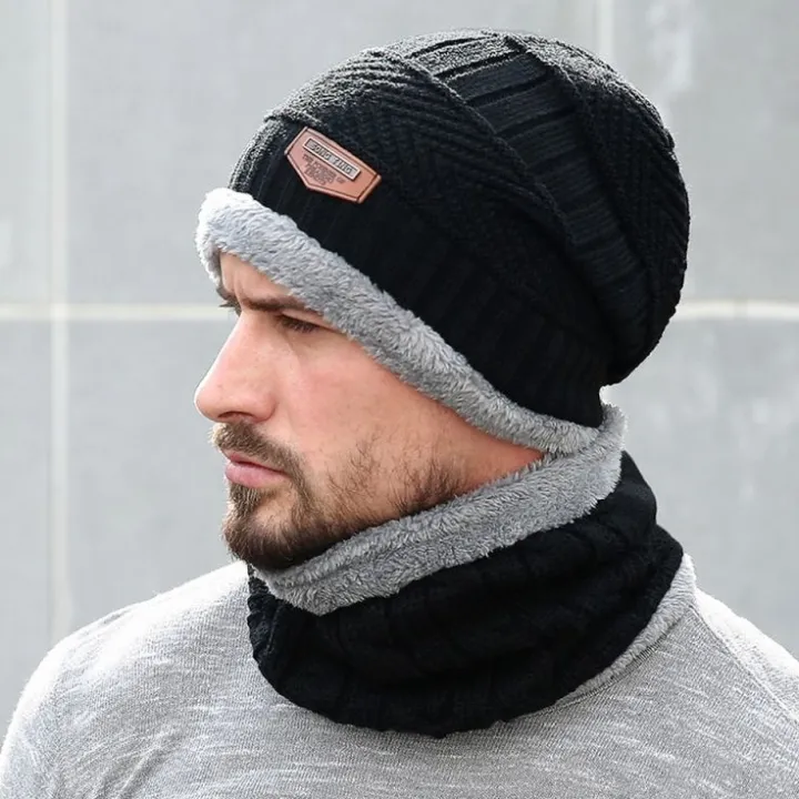 Knitted Beanie Cap – Winter Cap and Neck Warmer Topi Set with Elastic ...