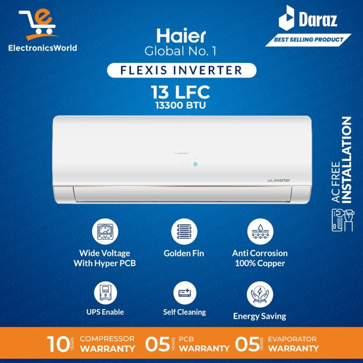 Haier AC 1 Ton DC Inverter Split | Model AC HSU -13LF (New Model ) / HSU-12LF | UPS Enabled Self Cleaning 67 % Energy Saving Turbo Cooling - Wide Voltage- Full BTU | 10 Year Compressor 05 Year PCB 05 Year Evaporator Warranty | Haier Free Installation