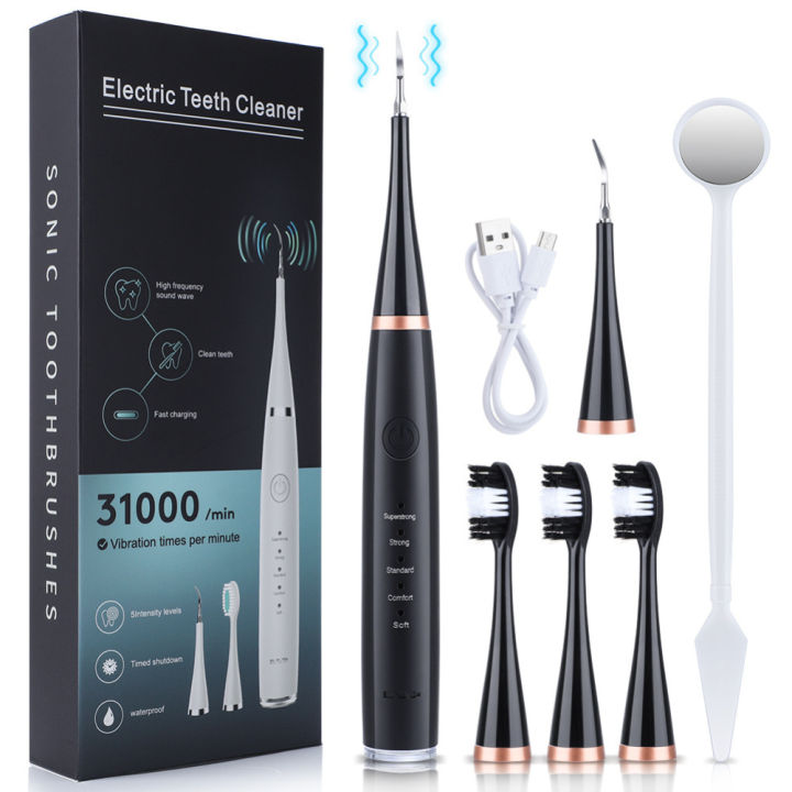 Electric Toothbrush Ultrasonic Automatic Scraper Cleaner USB Rechargeable IPX7 Waterproof Travel with Replaceable Tooth Brush Heads
