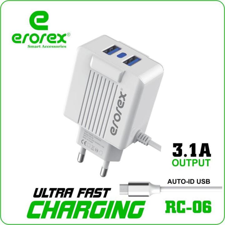 Erorex RC 06 3.1 Amp Ultra Fast Charger Micro_ Qualcomm Fast Charger - Dual USB Port Mobile Charger - Mobile charger for Android and IOS - AC Charger - Mobile Charger 2 in 1 - Mobile Charger Adapter With 2 Usb Output + Android cable - Smart Charger