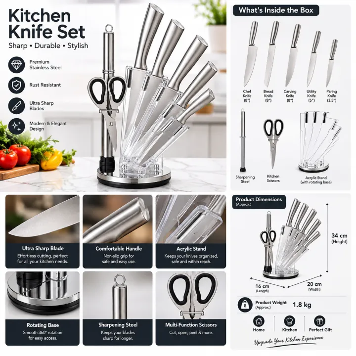 Dinner Set Stand Stainless Steel Knife Set with 360° Rotating Acrylic Stand for Kitchen ...