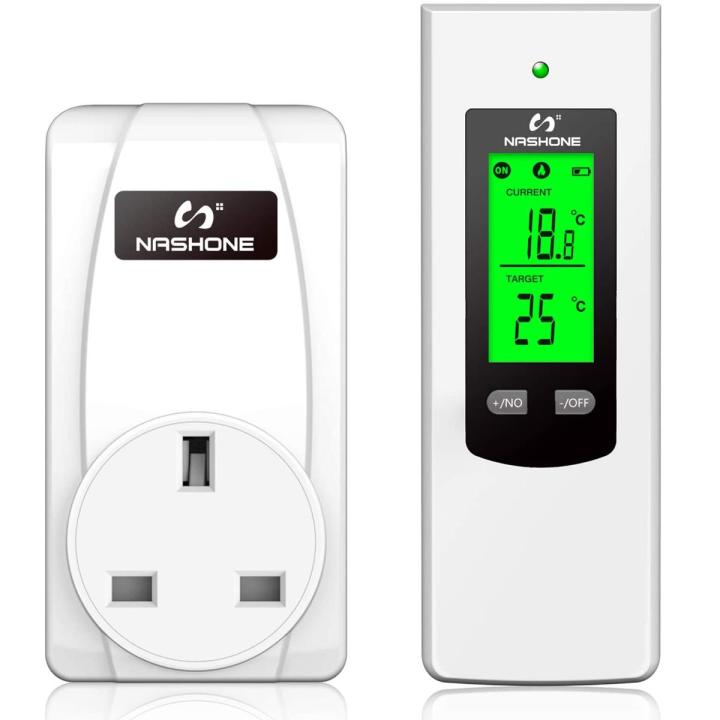 NASHONE Wireless Thermostat RF Plug Digital Temperature Controller with Heating and Cooling Mode. Remote Control-Built in Temperature Sensor. 3680W OPS100N+OTS100N - (White)