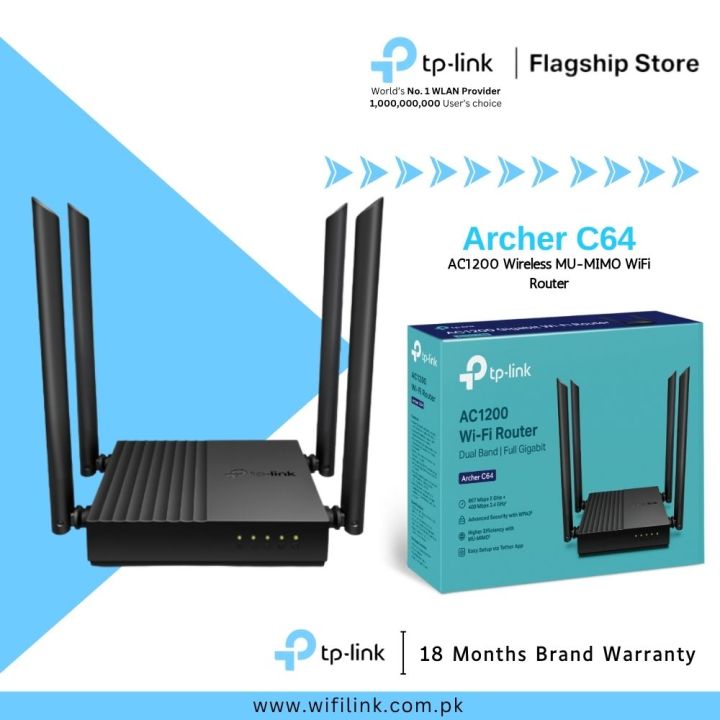 TP-Link Wi-Fi Router Archer C64 AC1200 Wireless MU-MIMO Dual Band Gigabit Router - 18 Months Brand Warranty