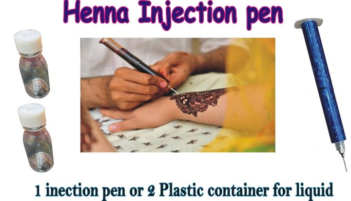 Injection Mehndi injection Pen with 2 Plastic Container for liquid , Creating amazing henna designe