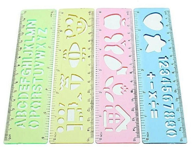 PACK OF 4 STENCIL SCALE SET- Student Scale Set- 4Pcs Candy Color Cute Art Graphics Symbols Drawing Template Ruler 15CM-