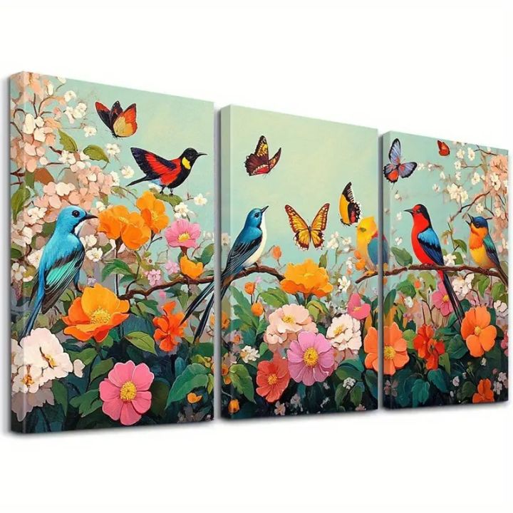 3pcs Canvas stickytile Wall Art Set, Colorful Birds & Butterflies in ...