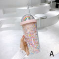 Double Layers Rainbow Plastic Water Bottle With Straw Creative 550ml Mug. 