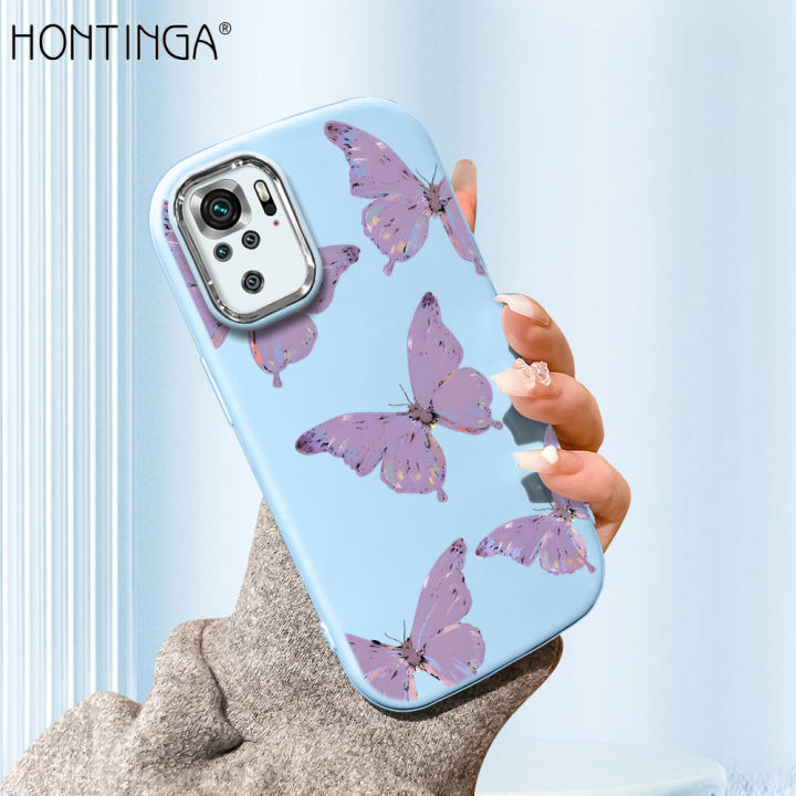 Hontinga for Redmi Note 10 Note 10S Poco M5S Back Cover Luxury Silver Edge Lens Mobile Cover Purple Butterfly Pattern Soft Silicone Phone Case