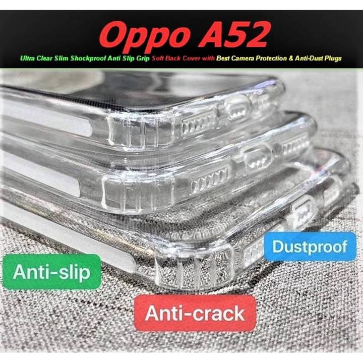 Ultra Clear Slim For Oppo A52 Airbag Anti Slip Grip Soft Back Cover with Best Camera Protection & Anti-Dust Plugs
