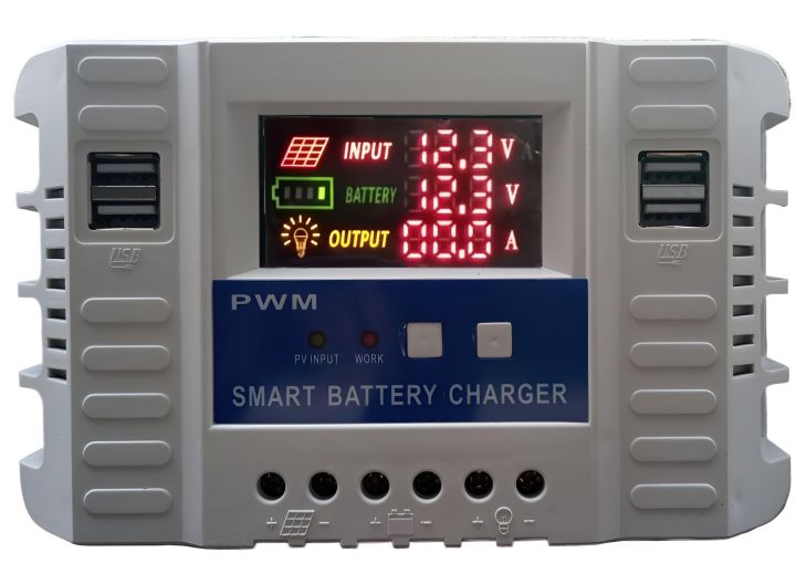 30A Solar Controller with Multiple USB Sockets, 12V/24V Capacity, LCD Display