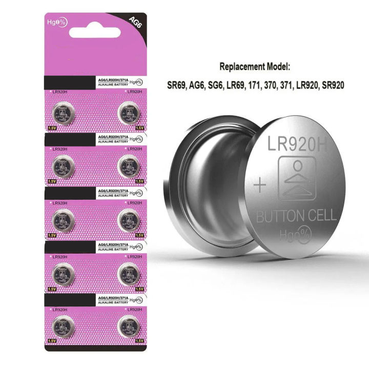 10 Pcs 371, SR920SW, AG6, LR920H, 371A Button Cell 1.5V Alkaline Battery all are same model.