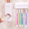 Plastic Automatic Toothpaste Dispenser With Tooth Brush Holder For Bathrooms - White Automatic Toothpaste Dispenser and Toothbrush Holder Set. 