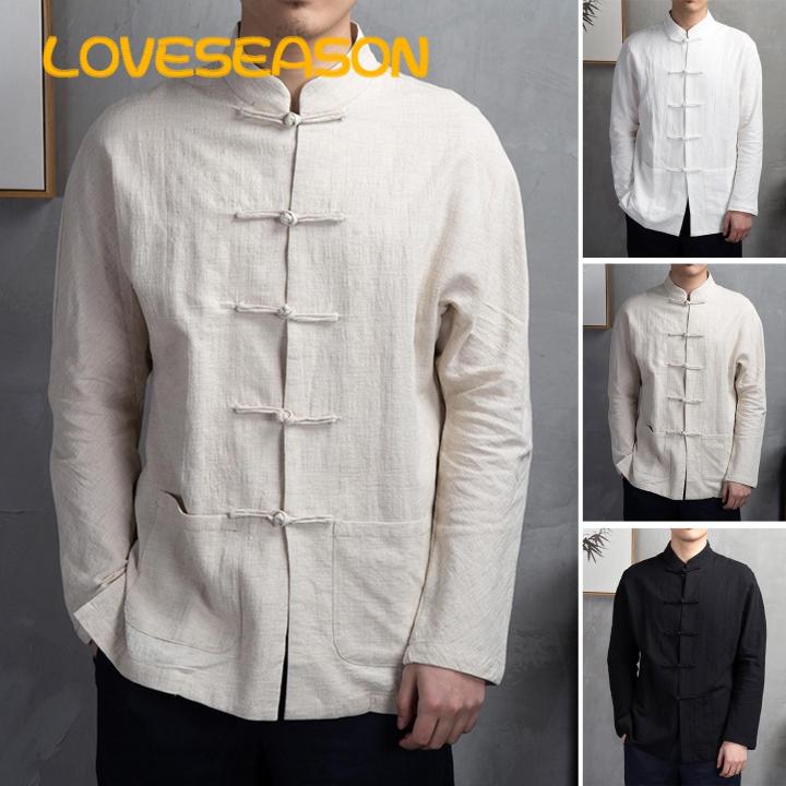 Men Long Sleeve Shirt Traditional Chinese Style Men's Mandarin Collar Shirt Long Sleeve Kung Fu Tai Chi Top with Pockets Authentic Tang Tops Uniform Tai Chi Shirt